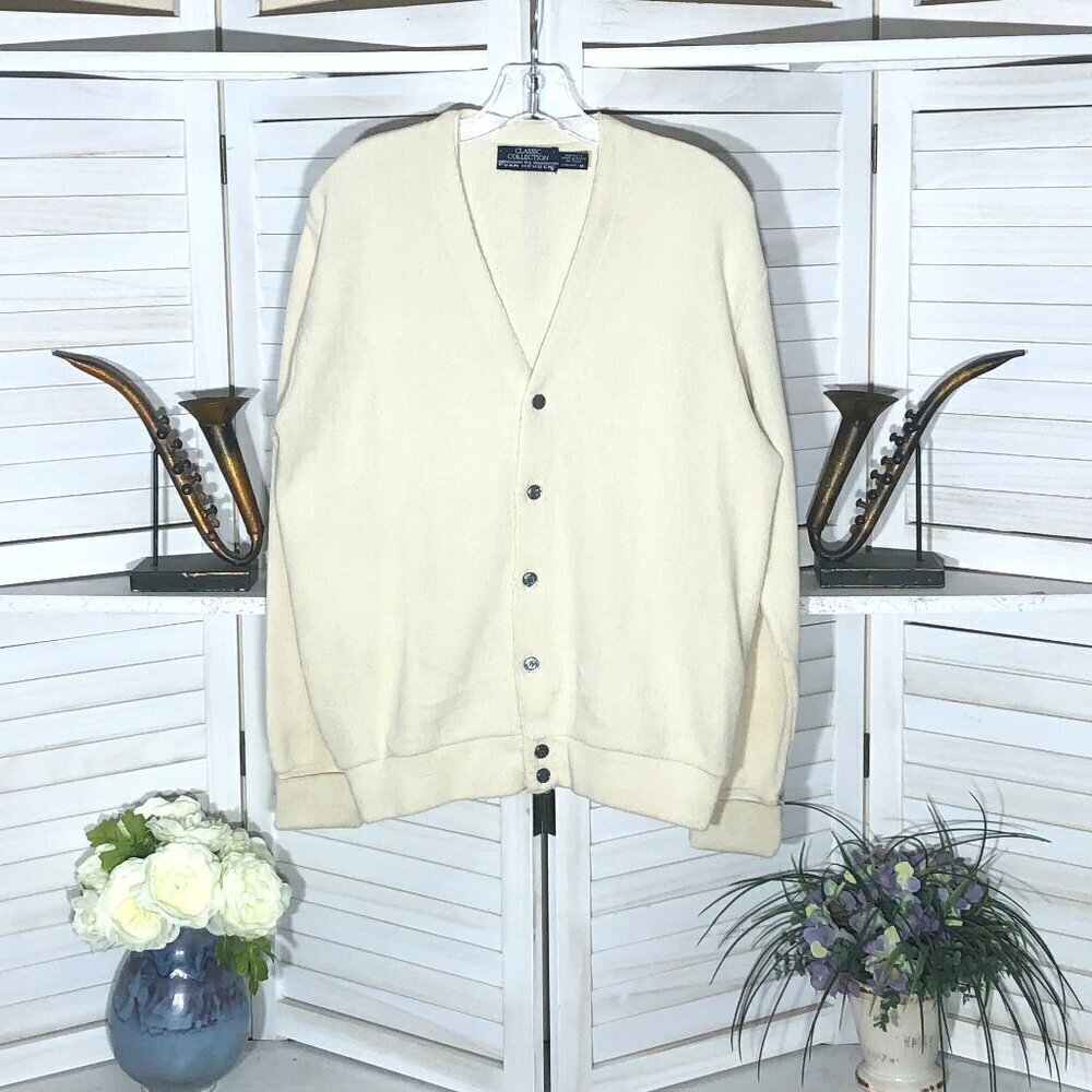Vintage 90s cream cardigan Made in USA grunge preppy golf academy lightweight M